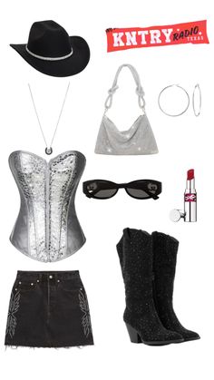 a woman's outfit and accessories including boots, hat, sunglasses, lipstick, belt