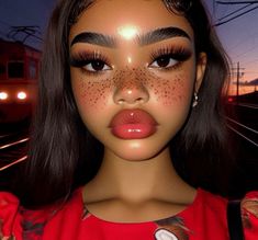 a woman with freckles on her face standing in front of a train track