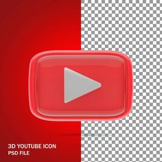 an image of a red and white play button with the text, 3d youtube icon psd file