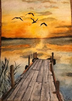 a painting of birds flying over a wooden dock at the water's edge as the sun sets