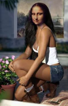 a woman kneeling down next to a potted plant with flowers in front of her