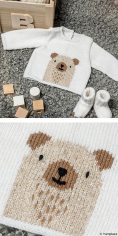 the crocheted teddy bear sweater is next to some baby's shoes and socks