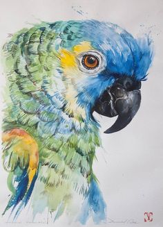 a painting of a blue and green parrot with yellow feathers on it's head