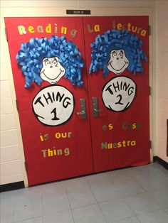 two dr seuss door decorations with the words thing 1 and thing 2