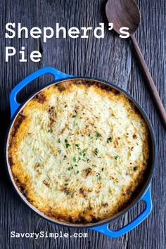 shepherd's pie in a blue cast iron skillet