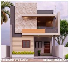 this is a 3d rendering of a modern house with two levels and balconies on the second floor