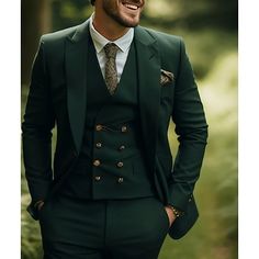 Category:Suits; Embellishment:Pocket; Season:Spring, Fall, Winter, Summer; Fabric:Cotton Blend; Includes:Jacket,Pants,Vest; Occasion:Wedding; Fit Type:Tailored Fit; Jacket Buttons:Single Breasted One-button; Vest Buttons:8; Pattern:Solid Colored; Neckline:Peak; Listing Date:10/25/2023; Production mode:External procurement; Pant Length:; Pants Waist:; Shoulder Width:; Sleeve Length:; Bust:; Hips:; Clothing Length:; Number of Pieces:3 Piece; Design:Classic Forest Wedding Mens Attire, Dark Wedding Suit, Dark Green Suit Men Wedding, Dark Green Groomsmen Attire, Gay Wedding Outfits, Dark Green Suit Men, Green Tux, Mens Tux, Green Suit Men