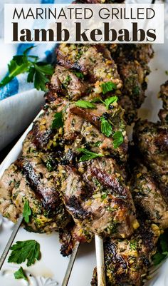 grilled lamb kebabs on a platter. Lamb Skewers Recipes, Lamb Chunks Recipes, Italian Kebab, Lamb Kebabs Recipes Skewers, Lamb Kabobs On The Grill, Lamb Kabob Recipes, Lamb Kebab Recipes, Lamb Marinade Recipes, Lamb Kabob Marinade