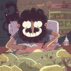 a cartoon character sitting at a table with a book