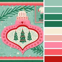 a christmas ornament with pine trees on it and a color palette in the middle