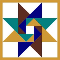 an abstract geometric design in blue, yellow and brown colors on a white background with a gold border