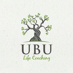 the ubu life coaching logo is shown on a white background with green leaves and a tree