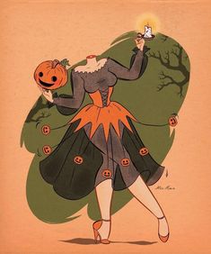 a drawing of a woman dressed as a witch holding a pumpkin