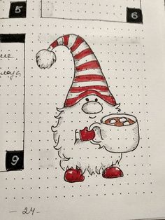 a drawing of a gnome holding a cup of coffee and wearing a red striped hat