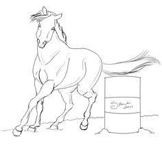 a horse that is standing next to a barrel