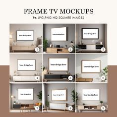 a series of photos showing different types of frames and mockup options for tvs