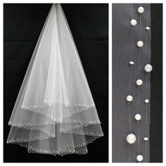 two pictures one with a veil and the other with pearls hanging from it's side