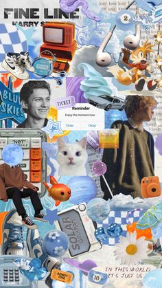 a collage of various items and pictures with the words fine line on them, including an image of a cat