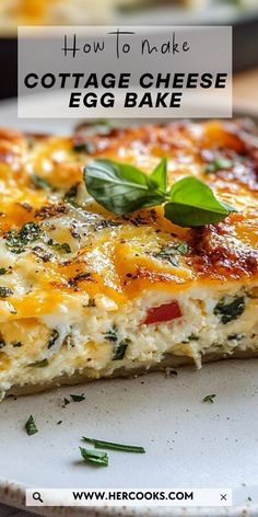 a close up of a slice of cottage cheese egg bake on a white plate