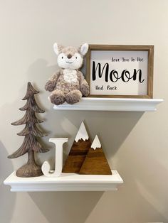 there is a teddy bear sitting on the shelf next to other decorations and decor items