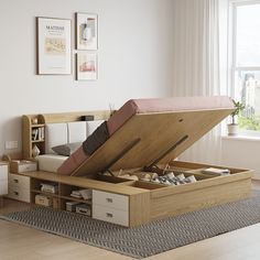 a bed that is open and sitting in a room