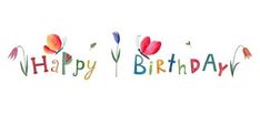 the words happy birthday written in watercolor on white paper with colorful flowers and leaves