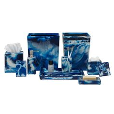 blue and white bathroom accessories set with soap dispenser