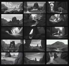 some black and white images are shown in the style of an animated character's environment