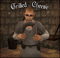 an animated character holding a steering wheel in front of a stone wall with the words grilled cheese on it