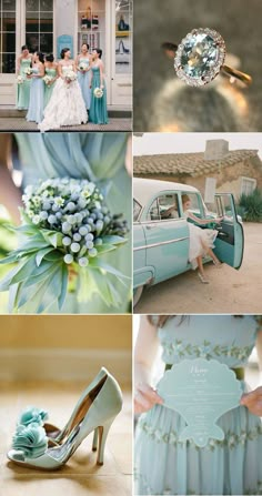 a collage of different pictures with blue and green wedding dresses, shoes, and bouquets