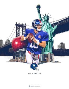 the new york giants'eli manning in front of the statue of liberty