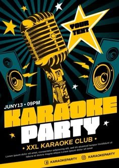 karaoke party flyer with microphone and speakers on black background, stars in the sky