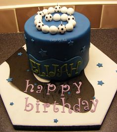 a birthday cake with soccer balls on it