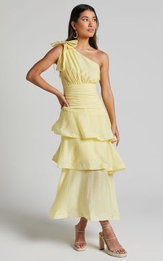 Eugenia Midi Dress - One Shoulder Fit and Flare Layered Dress in Yellow Fancy Dresses Yellow, Garden Party Long Dress, Parisian Wedding Guest Dress, Casual Fancy Dress, Yellow Garden Party Dress, Flattering Wedding Guest Dress, Garden Cocktail Attire Wedding, Wedding Guest Summer Outfit, Formal Garden Party Attire