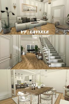 the virtual view of a living room and dining area in an open floor plan with stairs