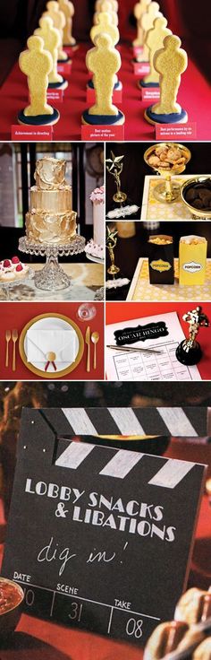 a movie themed birthday party with gold and black decorations, desserts, and candy