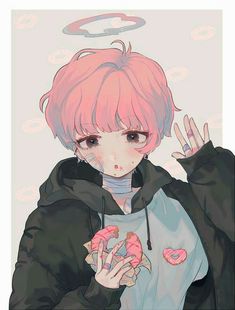 an anime character with pink hair holding doughnuts