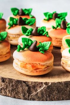 small macaroons decorated with green leaves and chocolate on a piece of wood board