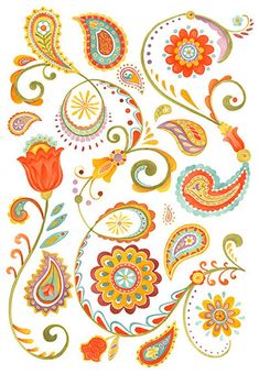 an image of colorful flowers and paisleys on a white background with red, orange, blue