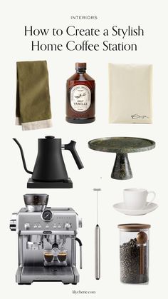 home coffee station Coffee Machine Corner Kitchen, Bookshelf Coffee Station, Chic Coffee Station, Coffee Shop Style Kitchen, Diy Coffee Bar Small Space, Styling A Coffee Bar, Coffee Station Accessories, High End Coffee Bar, Bedroom Coffee Station Ideas