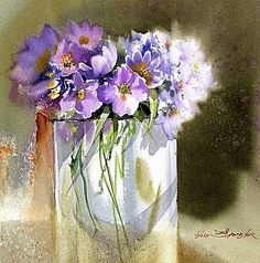 a painting of purple flowers in a white vase