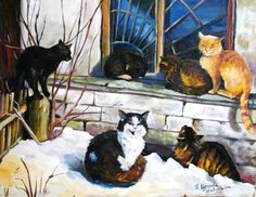 a painting of cats sitting on a window sill in the snow