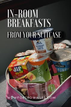 an open suitcase filled with food and the words n - room breakfasts from your suitcase