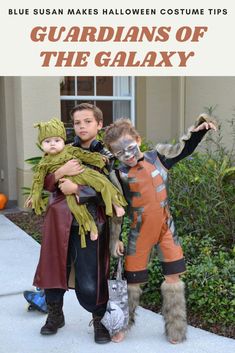 Halloween Costume inspiration. How I made our Guardians of the Galaxy costumes Star Lord, Baby Groot, Rocket Raccoon. See details of my process and get tips on how to make your own. Groot And Rocket Costume, Groot Baby Costume, Guardians Of The Galaxy Family Costume, Rocket Racoon Costume, Rocket Halloween Costume, Baby Groot Costume, Guardians Of The Galaxy Halloween, Guardians Of The Galaxy Costume