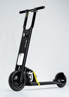 an electric scooter is shown on a white background with yellow and black accents