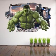 the incredible hulk wall decal is shown in an empty room with grass growing out of it