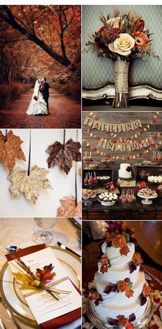 a collage of photos with autumn leaves and wedding cake in the middle, fall colors