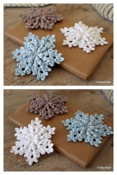 crocheted snowflakes are shown on top of a brown wrapping paper with blue and white trim