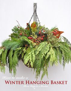 a hanging basket filled with evergreen and red berries