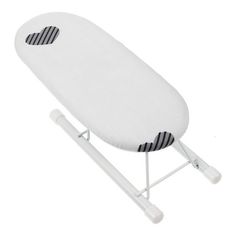 a white ironing board with black and white stripes on the bottom, sitting on a stand